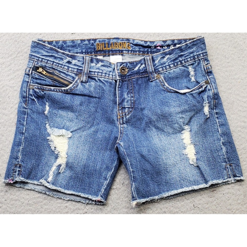 Billabong Jean Shorts Womens 1 Blue Denim Distressed Stretch Frayed Hem J205JFAR